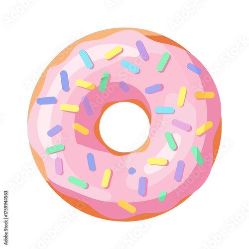 Delicious pink frosted donut with colorful sprinkles.