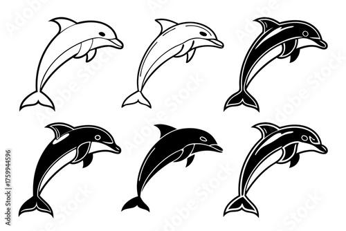 Minimal dolphin outline icon set with color variations