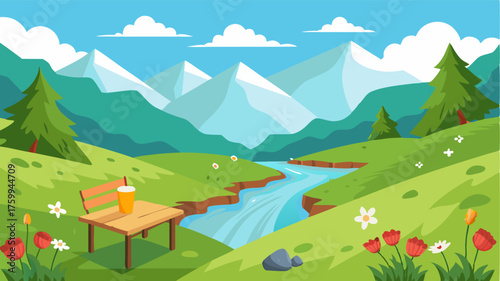 A grassy meadow dotted with wildflowers overlooking a pristine mountain stream perfect for a picnic.