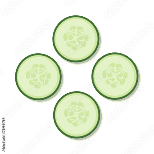 Four fresh cucumber slices arranged on a white surface.
