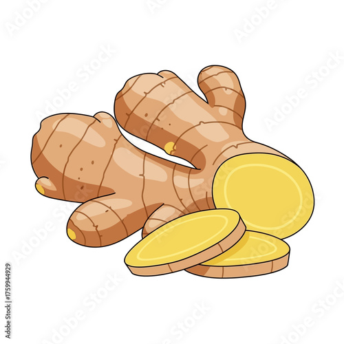 Fresh ginger root and slices for culinary and medicinal uses.