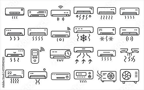 Collection of air conditioner icons and illustrations showing cooling and heating functions