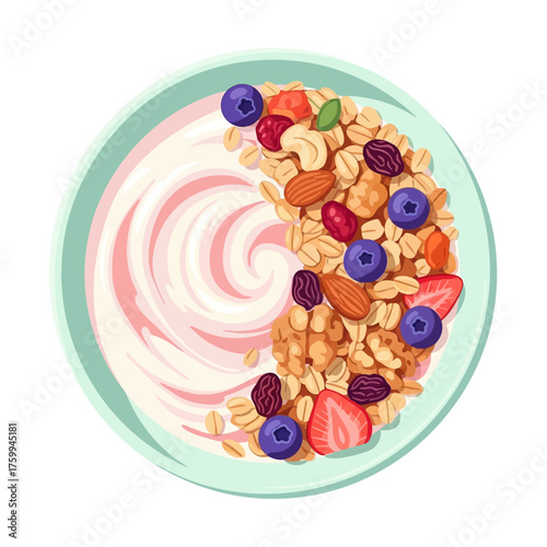 Healthy breakfast bowl with yogurt, granola, and berries.