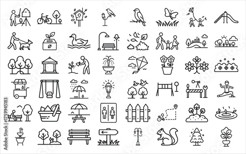 Collection of simple line art icons representing outdoor activities and park elements