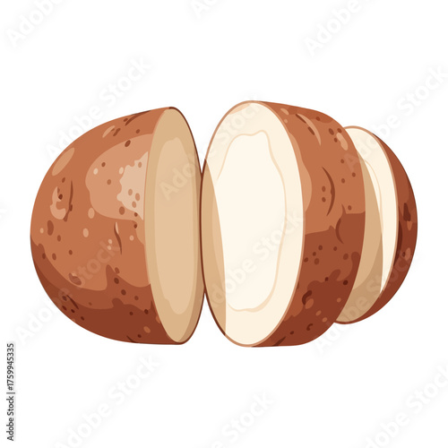 Sliced potato showing the inside and outside of the vegetable.