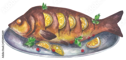 Carp is a traditional Christmas dish. Watercolor hand drawing painted illustration.