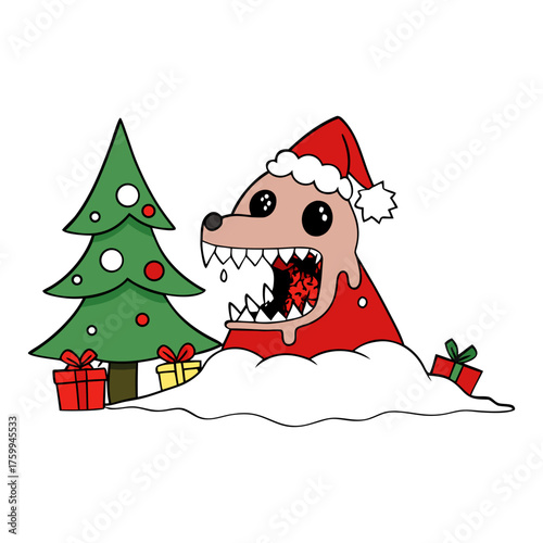 Scary christmas monster wearing santa hat with presents and tree isolated on white background