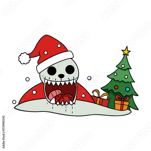 Creepy christmas character with santa hat and open mouth isolated on white background