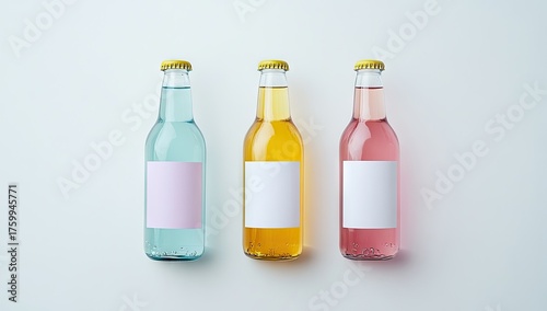 Three colorful, clear glass bottles, each with a blank rectangular label and a yellow cap, arranged horizontally on a white background