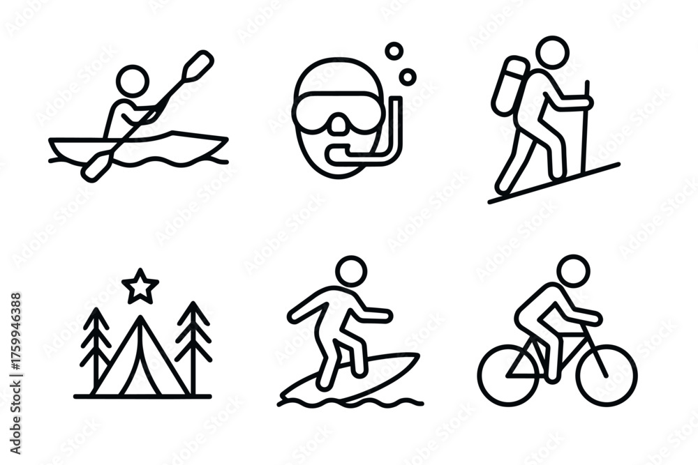 Obraz premium Outdoor activities icons: kayaking, snorkeling, hiking, camping, surfing, cycling symbols