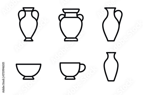 Outline drawings of various ceramic vases and simple tableware designs
