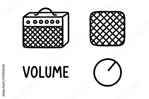 Hand-drawn guitar amplifier with speaker and volume knob illustration