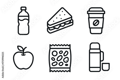 Food and beverage icons: water bottle, sandwich, coffee, apple, snack, thermos