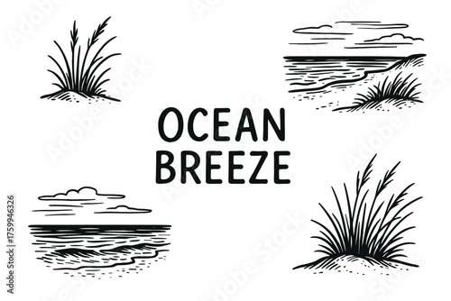 Ocean breeze: serene coastal scenery with waves and grasses illustration