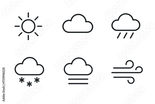 Weather icons: sun, clouds, rain, snow, fog, wind symbols in minimalist design
