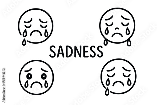 Sadness concept: four crying faces with tears in simple black and white design