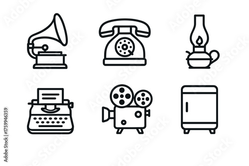 Vintage technology icons: gramophone, telephone, oil lamp, typewriter, projector, refrigerator