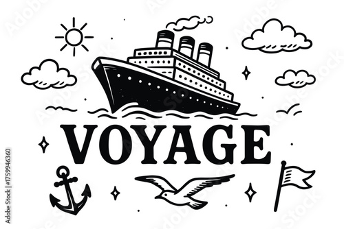 Vintage ocean voyage illustration with ship, sun, clouds, and anchor