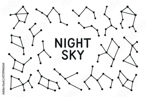 Collection of constellation patterns in night sky illustration