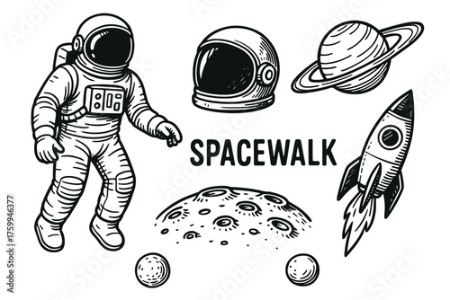 Astronaut spacewalk with rocket, planet, and moon in black and white illustration
