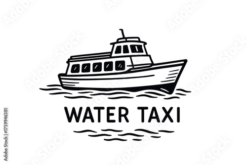 Black and white water taxi illustration on waves