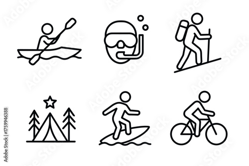 Outdoor activities icons: kayaking, snorkeling, hiking, camping, surfing, cycling symbols
