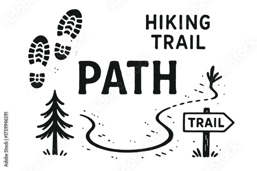 Hiking trail path illustration with boot prints and nature elements