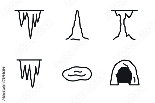 Stalactites, stalagmites, caves, and puddles - hand-drawn icon set
