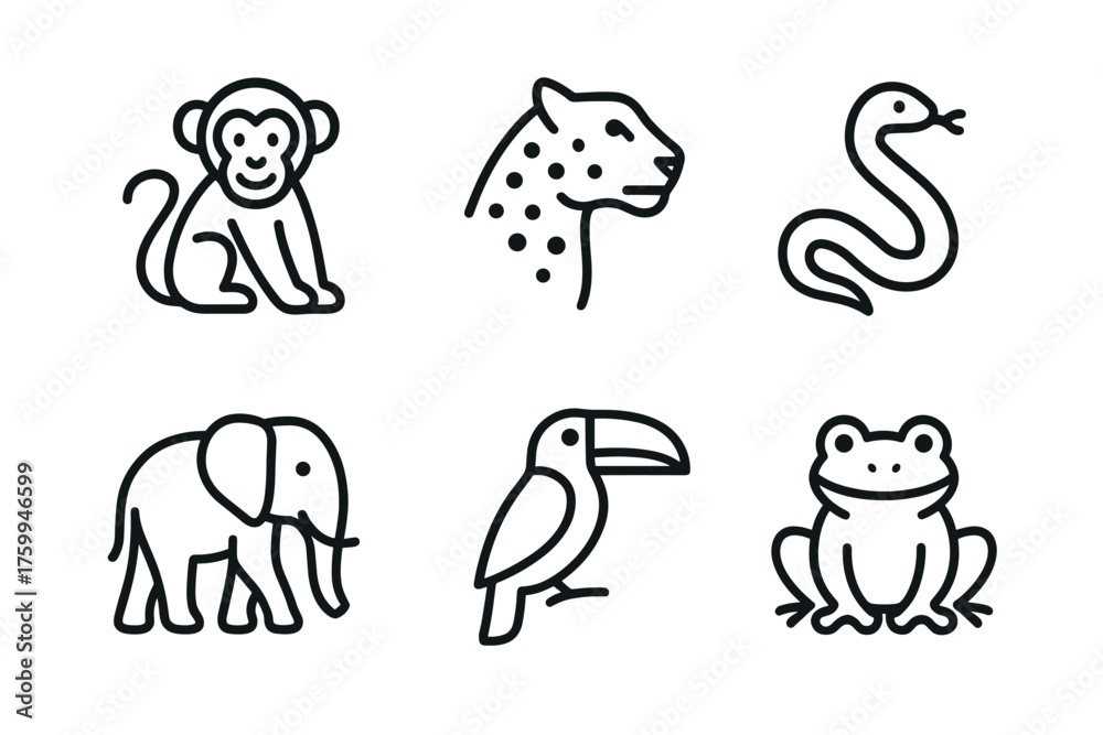 Naklejka premium Simple outline icons of monkey, leopard, snake, elephant, toucan, and frog