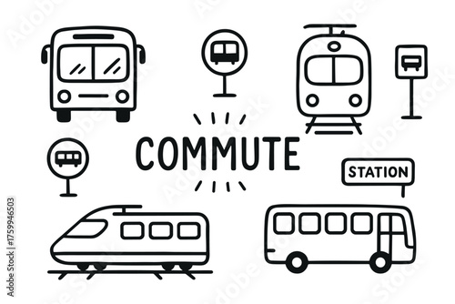 Public transportation doodles: bus, train, and station icons for commuting