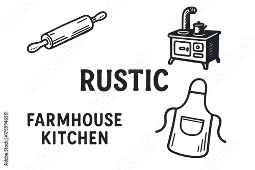 Rustic farmhouse kitchen elements with rolling pin, stove, and apron illustration