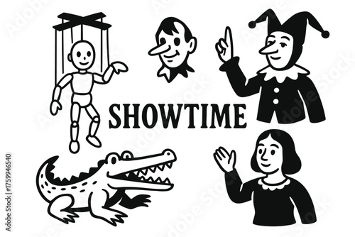 Black and white puppet show illustration with jester and crocodile