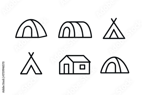 Set of minimalist camping tent and cabin icons in black outline