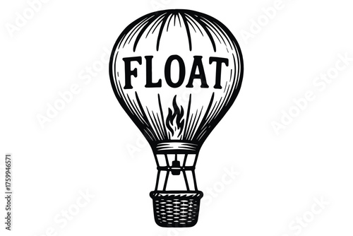 Vintage hot air balloon illustration with 'float' text in black and white design