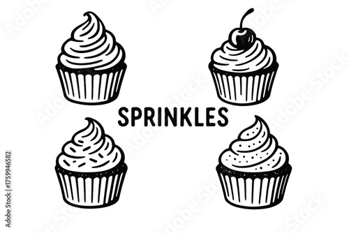 Black and white illustration of cupcakes with sprinkles and cherry top