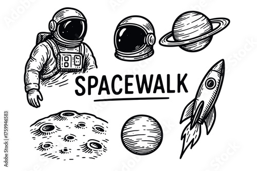 Spacewalk elements: astronaut, helmets, planets, rocket, moon illustration