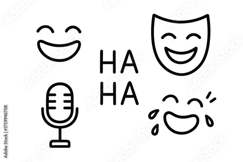 Comedy icons collection: laughter, microphone, mask, emoji