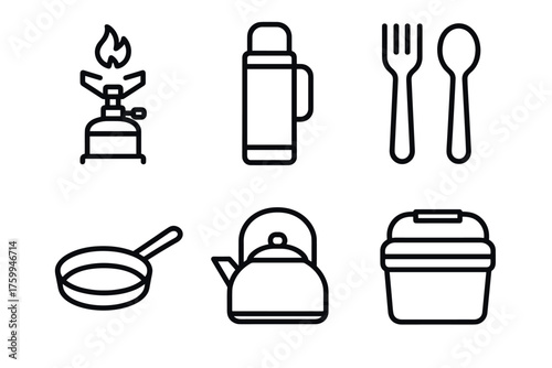 Camping gear icons: stove, thermos, cutlery, frying pan, kettle, lunchbox