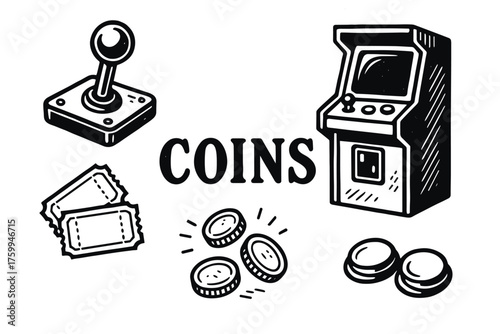 Retro arcade elements: joystick, coins, tickets, machine design