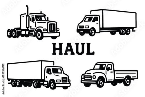 Variety of haul trucks: semi, box, pickup, and delivery vehicles