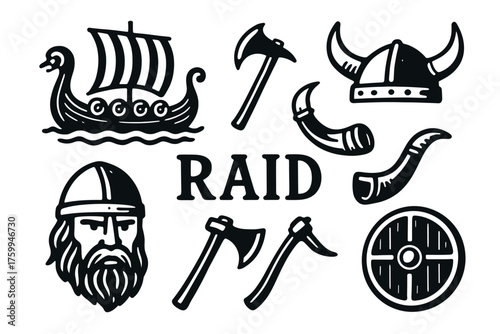Viking symbols: ship, axe, horn, helmet, warrior, and shield illustration