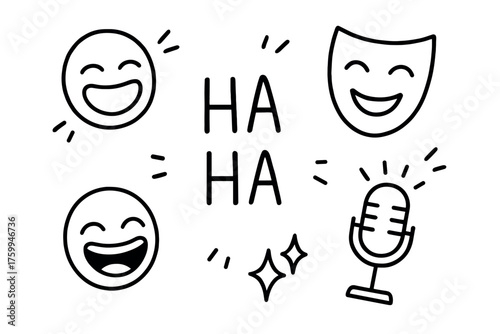 Comedy icons: laughter, microphone, smiling faces and humor symbols