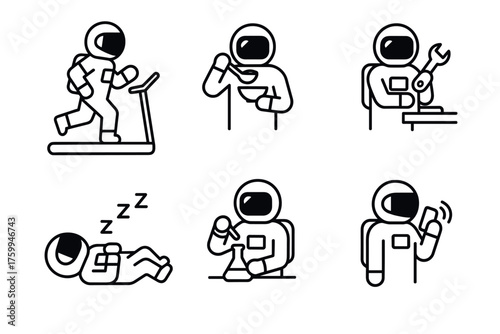 Astronaut activities set: fitness, dining, repair, sleeping, experimentation, communication