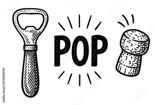Hand-drawn pop art: bottle opener and cork with bold text