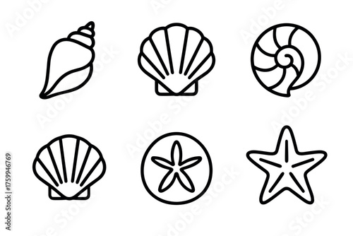 Set of six simple seashell and starfish icons in black outline
