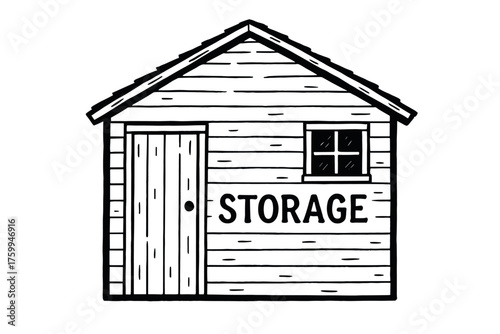 Black and white drawing of wooden storage shed with window and door
