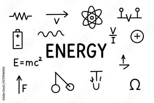 Scientific energy symbols and equations including atom, battery, and ohm signs
