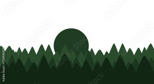 Abstract Night Landscape Depicting Emerald Green Forest Silhouette and a Dark Moon