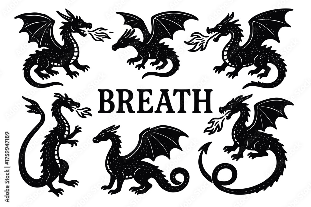 Fototapeta premium Set of fire-breathing dragons silhouettes with wings and tails