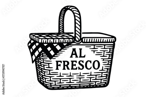 Vintage picnic basket illustration with woven handle and al fresco text design